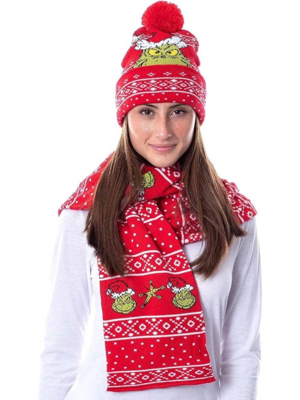 Cozy Knit Scarf & Pom Beanie Set - Festive Holiday Grinch Christmas Accessories